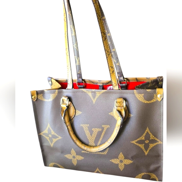 Brown and Dark Brown Structured Tote Bag with Monogram Print - Picture 5 of 14